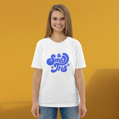 SMELL THIS (Blue on White) – Unisex Organic Cotton T-Shirt